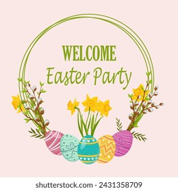 Happy Easter early spring wreath flowers bucket with eggs. Easter colorful flat elements. Easter symbols. Stock vector isolated on white background