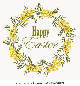 Happy Easter early spring wreath flowers bucket. Easter colorful flat elements. Easter symbols. Stock vector isolated on white background