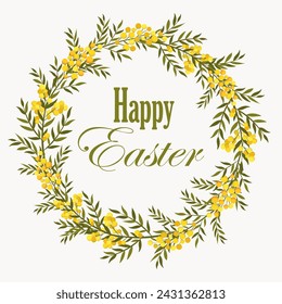 Happy Easter early spring wreath flowers bucket. Easter colorful flat elements. Easter symbols. Stock vector isolated on white background