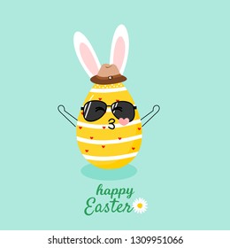 Happy Easter  with ears of bunny , colorful egg, flowers, cartoon character with glasses and hat