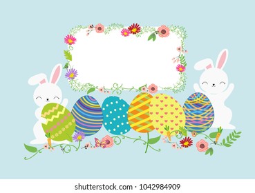 Happy easter ecard.  a couple Cute rabbit/bunny character with nature plant flowers.Happy little bunny holding Easter egg.Easter bunny with eggs and pattern on them. Vector cartoon illustration