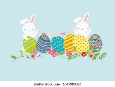 Happy easter ecard.  little cute a couple of rabbit/bunny with nature plant flowers.Happy little bunny holding Easter egg.Easter bunny with eggs and pattern on them. Vector cartoon illustration