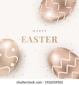 Happy Easter editable 3D rendering template vector with luxury rose gold Easter eggs