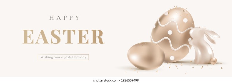 Happy Easter editable banner template vector with 3D rendering bunny and eggs
