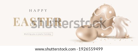 Happy Easter editable banner template vector with 3D rendering bunny and eggs