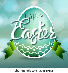 Happy Easter egg with bokeh lights and tape letters, holiday symbol.