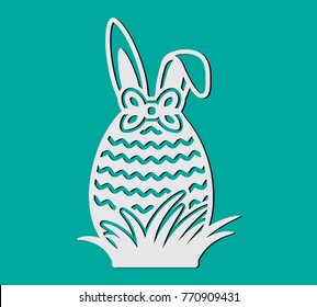 Happy Easter egg with bow, curved lines, grass and ears of rabbit. Laser cutting template. Vector silhouette elements. Sample illustration isolated on green spring background.