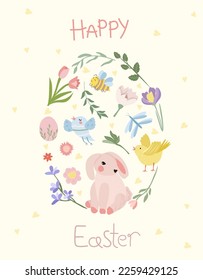 Happy Easter, Easter egg with bright flowers, cute rabbit, chickens. Spring flowers. Concept of holiday, joy, happiness. Ideal for banners, cards, posters, stickers. Vector illustration