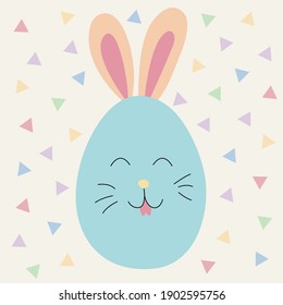 Happy easter. Easter egg with bunny ears. Pastel colors. Colored egg for easter holiday. Easter decoration. Vector cartoon illustration.