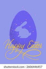 Happy Easter Egg and Bunny Lettering Poster. Vector Illustration of Seasonal Spring Holiday Flyer. Handwritten Calligraphy Typography Greeting Card.
