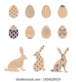 Happy Easter Egg and Bunny Set. Painted Eggs and Rabits. Design Elements in Scandinavian folk style. Hare with ornament. Hand drawn Vector illustration in flat style isolated on white background.