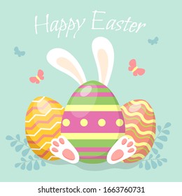 Happy Easter. Easter egg with bunnys ears. Greeting card in flat style