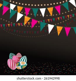 Happy Easter egg and bunting background EPS 10 vector royalty free stock illustration for greeting card, ad, promotion, poster, flier, blog, article, social media, marketing