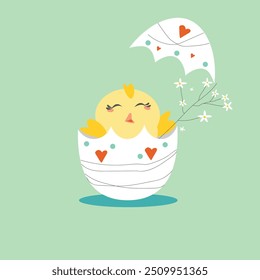 Happy Easter egg with chicken and flowers