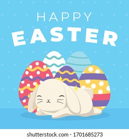 Happy Easter Egg Colorful Greetings Card drawn by hand. Cute Bunny Laying Down in Front of the Eggs - Vector EPS