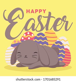 Happy Easter Egg Colorful Greetings Card drawn by hand. Cute Bunny Laying Down in Front of the Eggs - Vector EPS