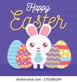 Happy Easter Egg Colorful Greetings Card drawn by hand. Cute Bunny Holding the Eggs - Vector EPS