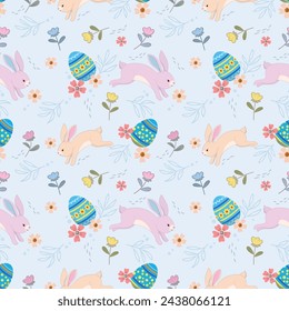Happy Easter egg concept. Bunny with Easter egg and flowers seamless pattern for fabric textile wallpaper gift wrapping paper.