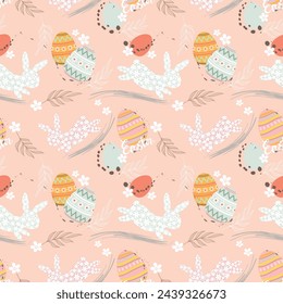 Happy Easter egg concept. Bunny with Easter egg and flowers seamless pattern for fabric textile wallpaper gift wrapping paper.