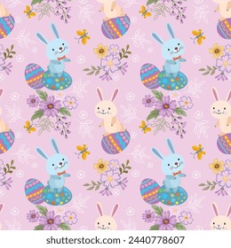 Happy Easter egg concept. Bunny with Easter egg and flowers seamless pattern for fabric textile wallpaper gift wrapping paper.