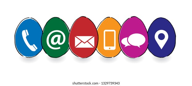 Happy easter Egg Contact us or call us symbols Social Media network icons for business communication Marketing chatting or messenger, mail, chat talk Funny vector mobile share about connect