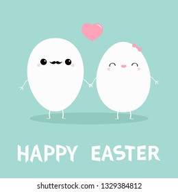 Happy Easter Egg couple family Kawaii face. Love heart. Eyes, moustaches, lips. Cute cartoon character holding hands. Boy and girl Friends Greeting card Flat design Blue pastel color background Vector