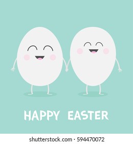 Happy Easter Egg couple family with smiling face. Cute cartoon character set holding hands. Boy and girl Eyes mouth Friends forever Love Greeting card Flat design Blue pastel color background. Vector