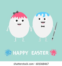 Happy Easter Egg couple family looking on each other. Paint and brush. Smiling face. Cute cartoon character set holding hands. Boy and girl Friends forever Flat Blue pastel color background Vector