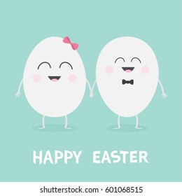 Happy Easter Egg couple family with smiling face. Bow tie accessory. Cute cartoon character holding hands. Boy and girl  Friends forever Love Greeting card Flat Blue pastel color background. Vector