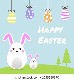 Happy Easter Egg and Cute Bunny on green grass and blue sky for Easter greeting card, invitation, Vector illustration EPS10