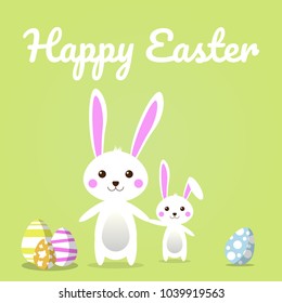 Happy Easter Egg and Cute Bunny family on green background for Easter greeting card, invitation, Vector illustration EPS10