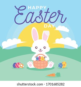 Feliz Día del Huevo de Pascua, Colorida Tarjeta de Saludos dibujada a mano. Conejito blanco sujetando los huevos en un paisaje - EPS vectoriales