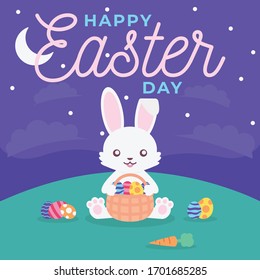 Happy Easter Egg Day Colorful Greetings Card drawn by hand. Cute Bunny Holding the Eggs in a night - Vector EPS