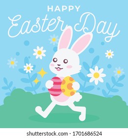 Happy Easter Egg Day Colorful Greetings Card drawn by hand. Cute Bunny Holding the Eggs and walking on a landscape - Vector EPS
