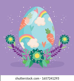 happy easter egg decorated with carrots rainbow flowers decoration vector illustration