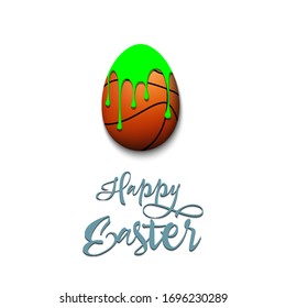 Happy Easter. Easter egg decorated in the form of a basketball ball with a blot of paint on an isolated background. Pattern for greeting card, banner, poster, invitation. Vector illustration