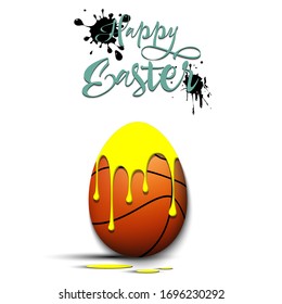 Happy Easter. Easter egg decorated in the form of a basketball ball with a blot of paint on an isolated background. Pattern for greeting card, banner, poster, invitation. Vector illustration