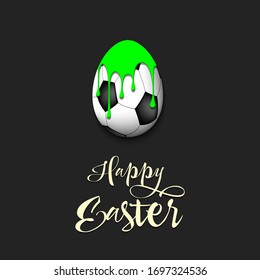 Happy Easter. Easter egg decorated in the form of a soccer ball with a blot of paint on an isolated background. Pattern for greeting card, banner, poster, flyer, ad, invitation. Vector illustration