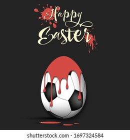 Happy Easter. Easter egg decorated in the form of a soccer ball with a blot of paint on an isolated background. Pattern for greeting card, banner, poster, flyer, ad, invitation. Vector illustration