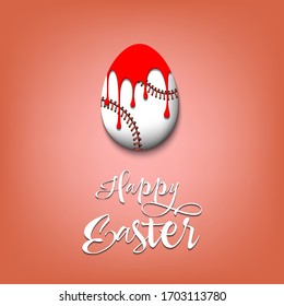 Happy Easter. Easter egg decorated in the form of a baseball ball with a blot of paint on an isolated background. Pattern for greeting card, banner, poster, invitation. Vector illustration