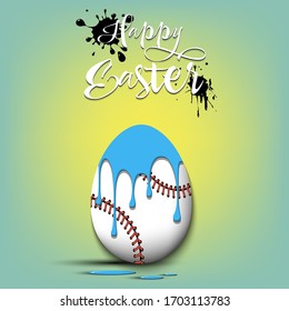 Happy Easter. Easter egg decorated in the form of a baseball ball with a blot of paint on an isolated background. Pattern for greeting card, banner, poster, invitation. Vector illustration