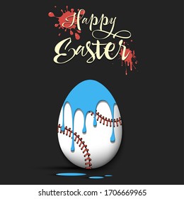 Happy Easter. Easter egg decorated in the form of a baseball ball with a blot of paint on an isolated background. Pattern for greeting card, banner, poster, invitation. Vector illustration