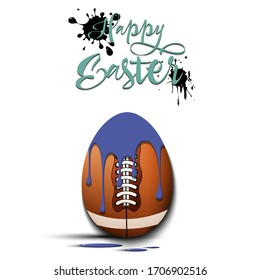 Happy Easter. Easter egg decorated in the form of a football ball with a blot of paint on an isolated background. Pattern for greeting card, banner, poster, invitation. Vector illustration