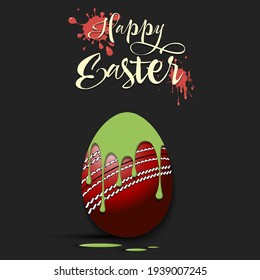 Happy Easter. Easter egg decorated in the form of a cricket ball with a blot of paint on an isolated background. Pattern for greeting card, banner, poster, invitation. Vector illustration