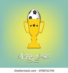 Happy Easter. Egg decorated in the form of a soccer ball in goblet on an isolated background. Pattern for greeting card, banner, poster, invitation. Vector illustration