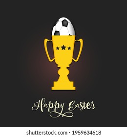 Happy Easter. Egg decorated in the form of a soccer ball in goblet on an isolated background. Pattern for greeting card, banner, poster, invitation. Vector illustration