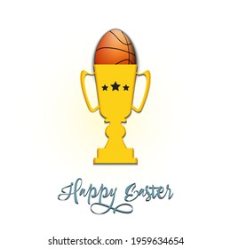 Happy Easter. Egg decorated in the form of a basketball ball in goblet on an isolated background. Pattern for greeting card, banner, poster, invitation. Vector illustration