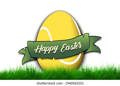 Happy Easter. Egg decorated in the form of a tennis ball with ribbon on grass. Pattern for greeting card, banner, poster, invitation. Vector illustration