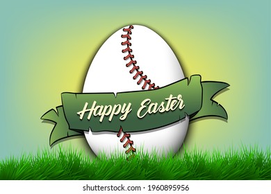 Happy Easter. Egg decorated in the form of a baseball ball with ribbon on grass. Pattern for greeting card, banner, poster, invitation. Vector illustration