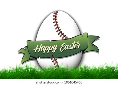Happy Easter. Egg decorated in the form of a baseball ball with ribbon on grass. Pattern for greeting card, banner, poster, invitation. Vector illustration